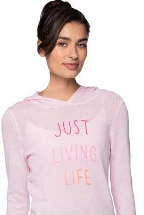 100% Cashmere Lt Pink Hoodie Sweater with Embriodery Stitch "Just Living Life"