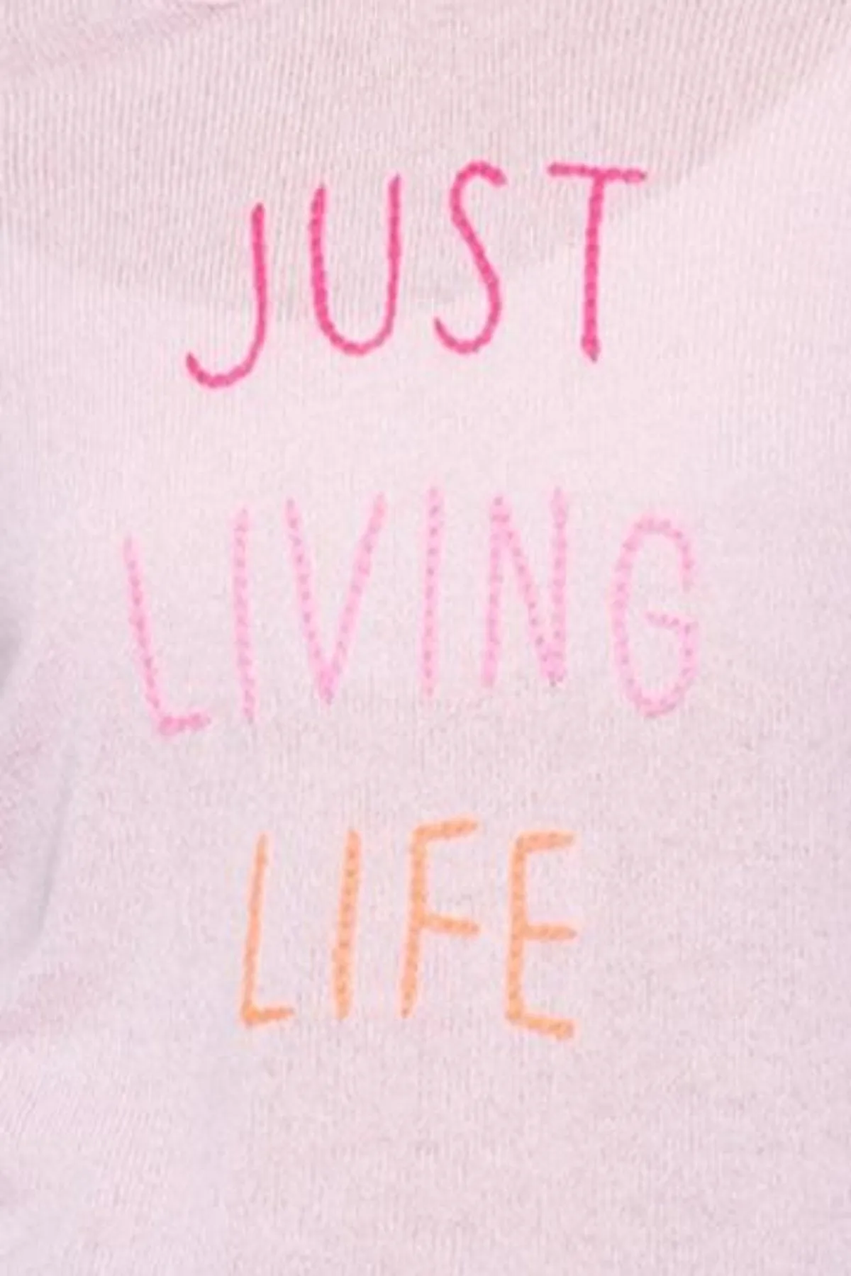 100% Cashmere Lt Pink Hoodie Sweater with Embriodery Stitch "Just Living Life"