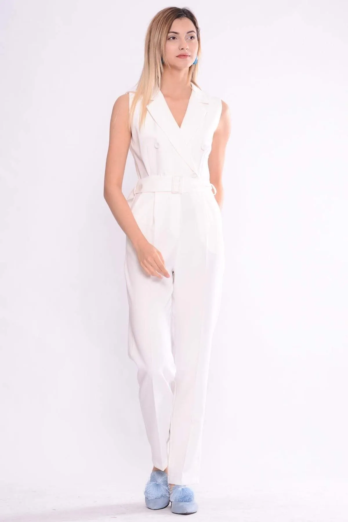 16263 Ecru Blazer Collar Jumpsuit