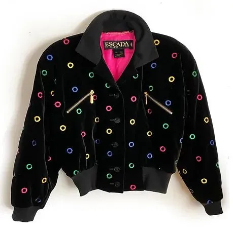 1980s ESCADA VELVET EMBROIDERED CIRCLE VELVET CROPPED BOMBER OVERSHOULDER JACKET