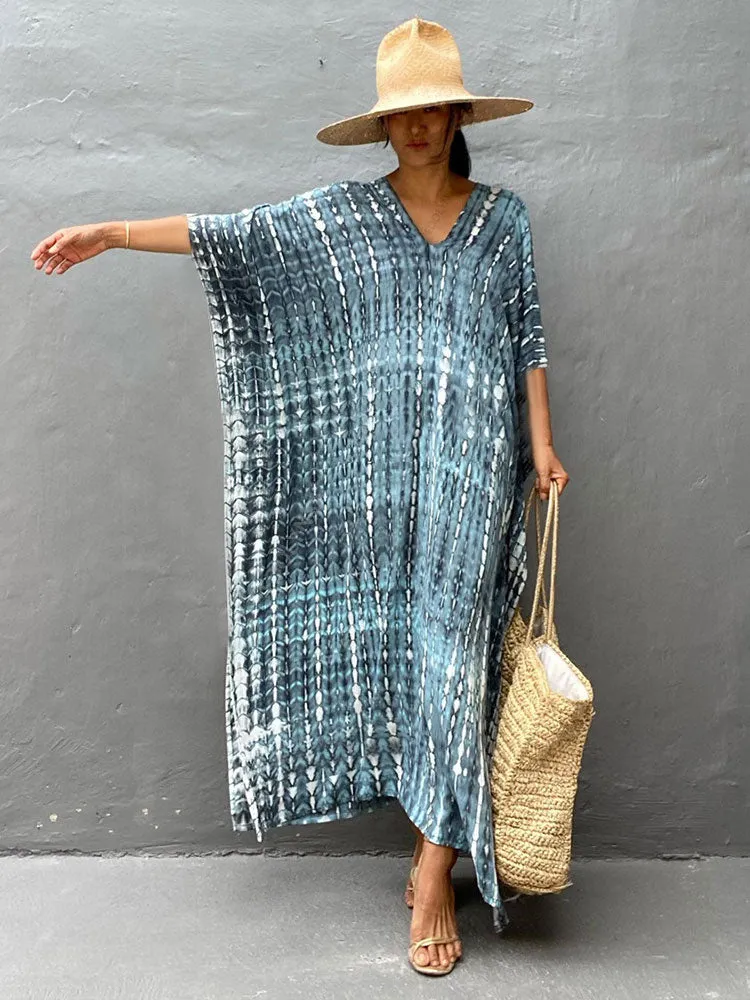 2023 Bohemian Printed V-neck Batwing Sleeve Side Split Loose Dress For Women Clothes Plus Size Beachwear Maxi Dresses Q1218