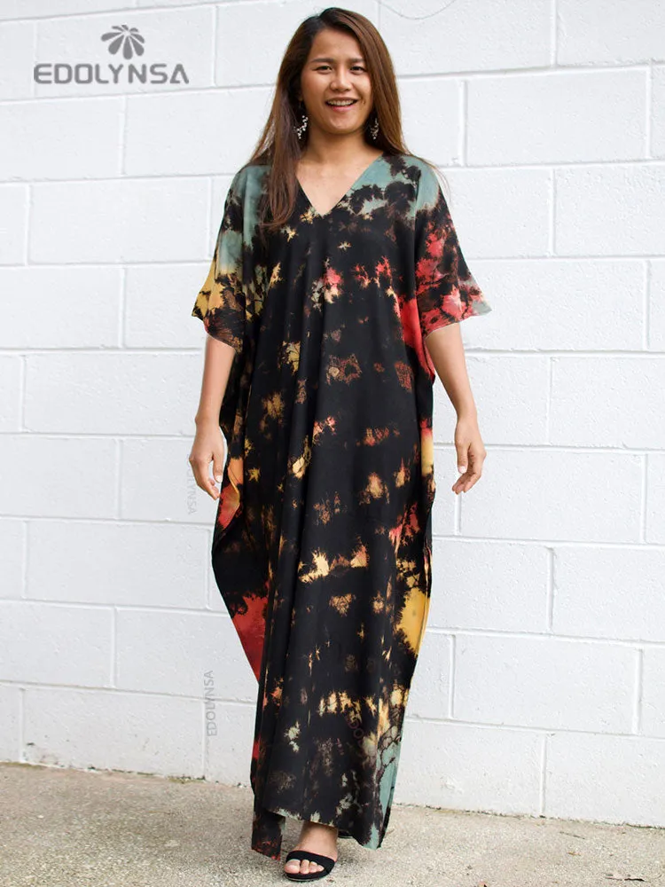 2023 Bohemian Printed V-neck Batwing Sleeve Side Split Loose Dress For Women Clothes Plus Size Beachwear Maxi Dresses Q1218