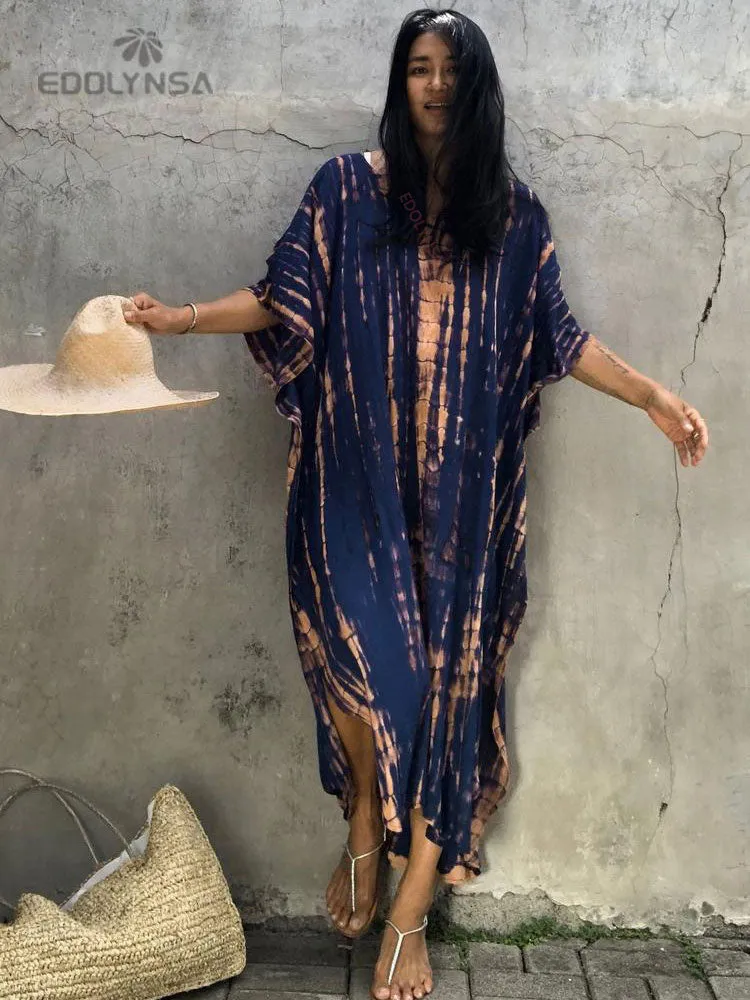 2023 Bohemian Printed V-neck Batwing Sleeve Side Split Loose Dress For Women Clothes Plus Size Beachwear Maxi Dresses Q1218