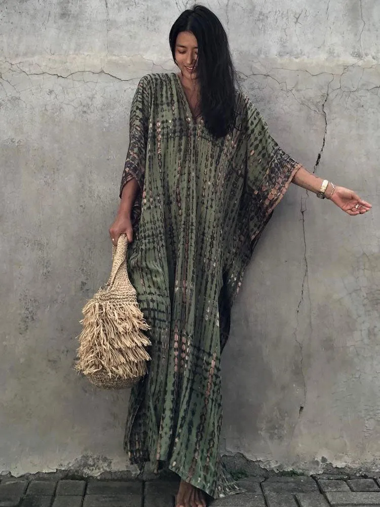 2023 Bohemian Printed V-neck Batwing Sleeve Side Split Loose Dress For Women Clothes Plus Size Beachwear Maxi Dresses Q1218