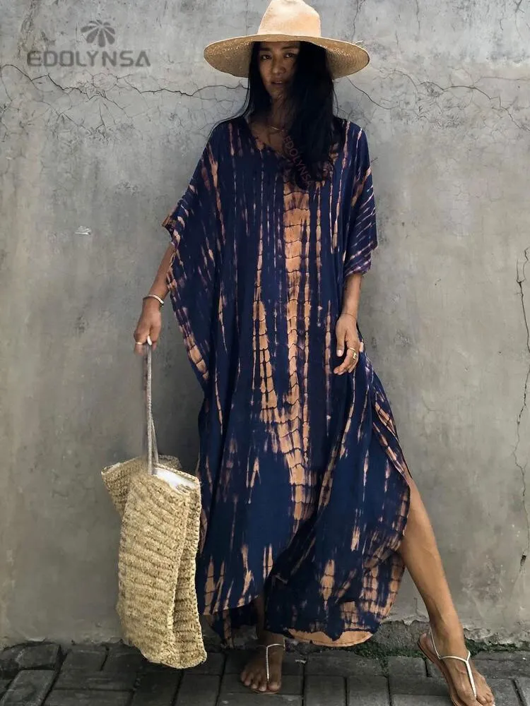 2023 Bohemian Printed V-neck Batwing Sleeve Side Split Loose Dress For Women Clothes Plus Size Beachwear Maxi Dresses Q1218