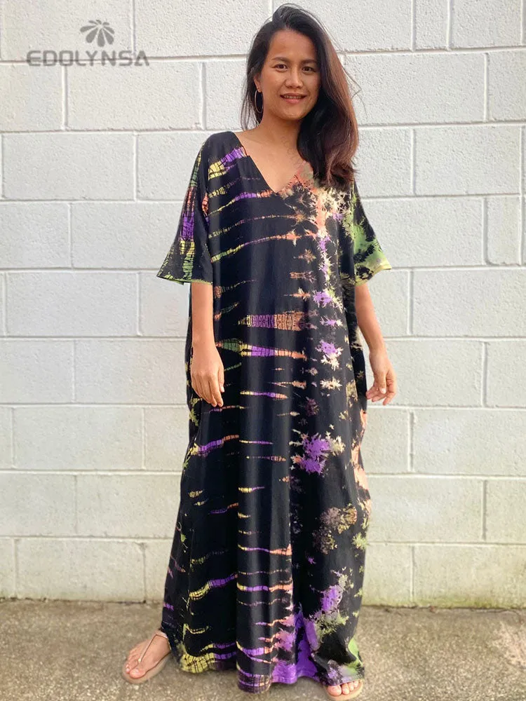 2023 Bohemian Printed V-neck Batwing Sleeve Side Split Loose Dress For Women Clothes Plus Size Beachwear Maxi Dresses Q1218