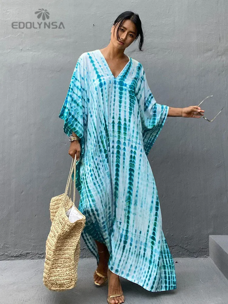 2023 Bohemian Printed V-neck Batwing Sleeve Side Split Loose Dress For Women Clothes Plus Size Beachwear Maxi Dresses Q1218