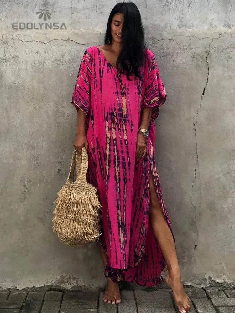 2023 Bohemian Printed V-neck Batwing Sleeve Side Split Loose Dress For Women Clothes Plus Size Beachwear Maxi Dresses Q1218