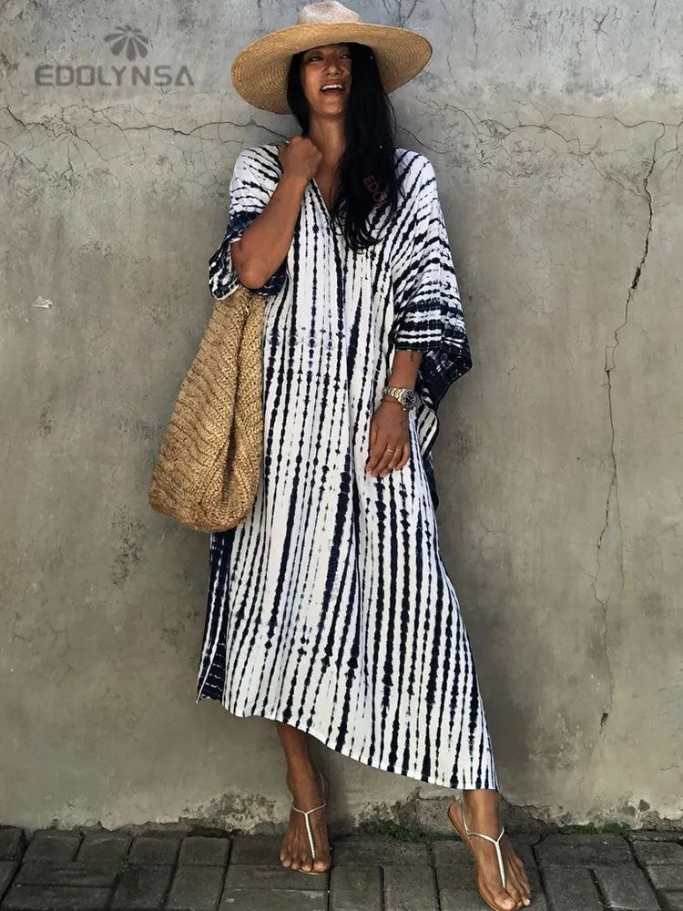 2023 Bohemian Printed V-neck Batwing Sleeve Side Split Loose Dress For Women Clothes Plus Size Beachwear Maxi Dresses Q1218