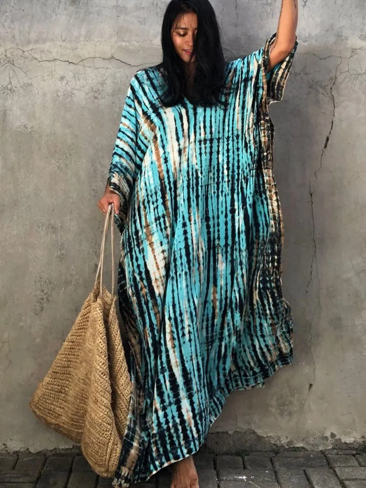 2023 Bohemian Printed V-neck Batwing Sleeve Side Split Loose Dress For Women Clothes Plus Size Beachwear Maxi Dresses Q1218