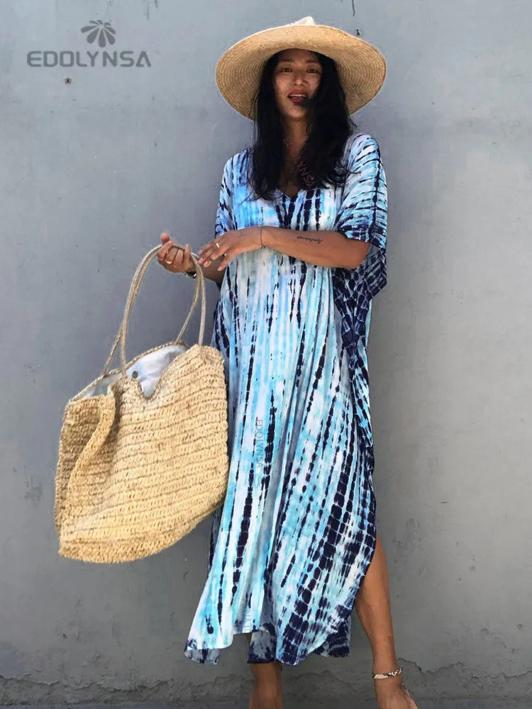 2023 Bohemian Printed V-neck Batwing Sleeve Side Split Loose Dress For Women Clothes Plus Size Beachwear Maxi Dresses Q1218