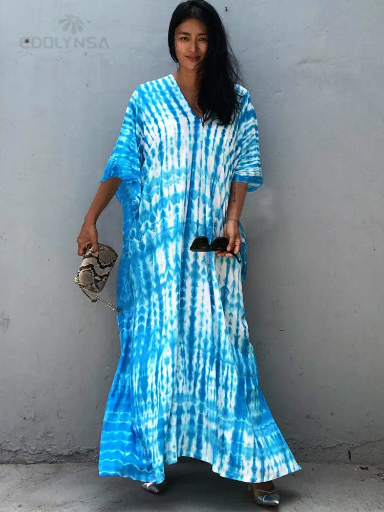 2023 Bohemian Printed V-neck Batwing Sleeve Side Split Loose Dress For Women Clothes Plus Size Beachwear Maxi Dresses Q1218