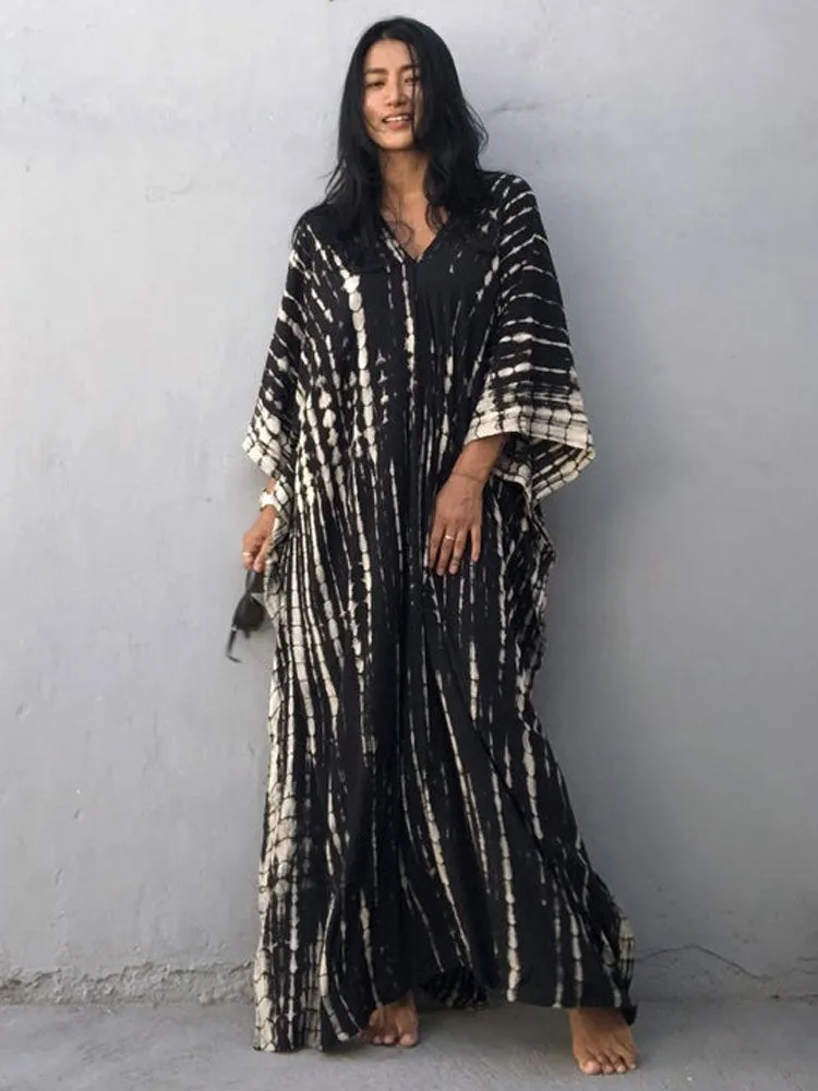 2023 Bohemian Printed V-neck Batwing Sleeve Side Split Loose Dress For Women Clothes Plus Size Beachwear Maxi Dresses Q1218