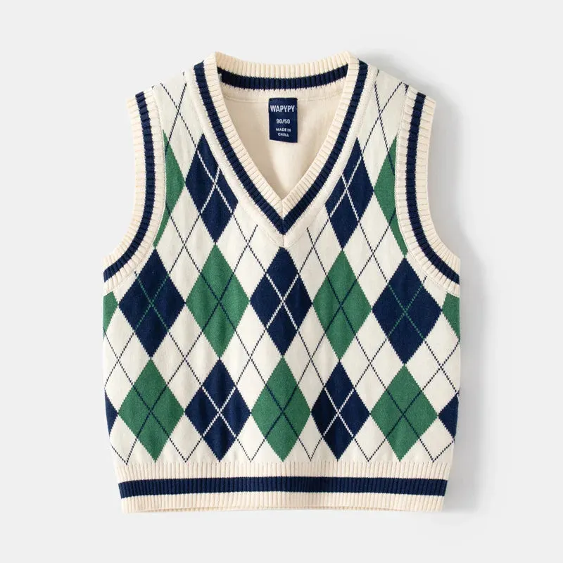 2023 Ins New Fashion Boys Sweater Vest Children Autumn Winter Vest Knit Sweater Plaid Boys Vest