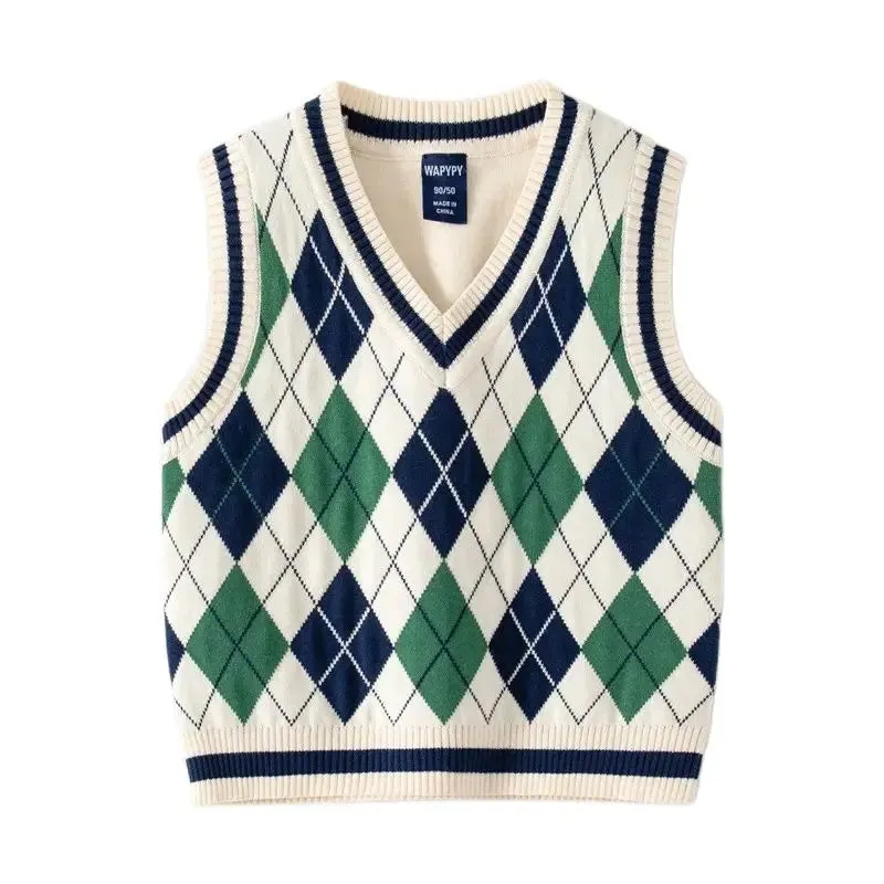 2023 Ins New Fashion Boys Sweater Vest Children Autumn Winter Vest Knit Sweater Plaid Boys Vest