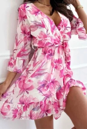 4-A0825 Pink Floral Flounce Dress