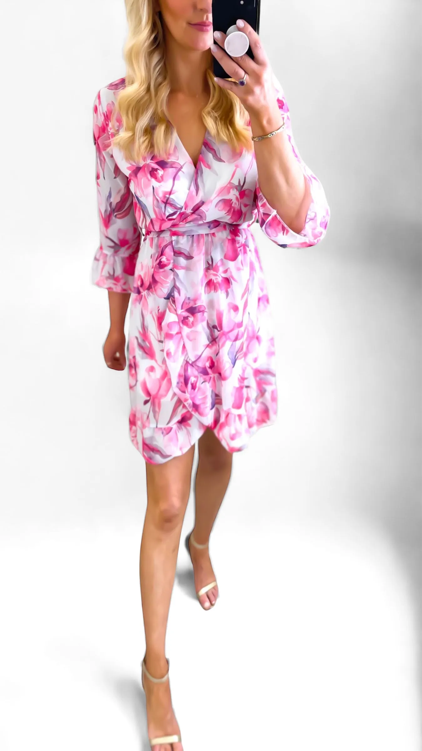 4-A0825 Pink Floral Flounce Dress