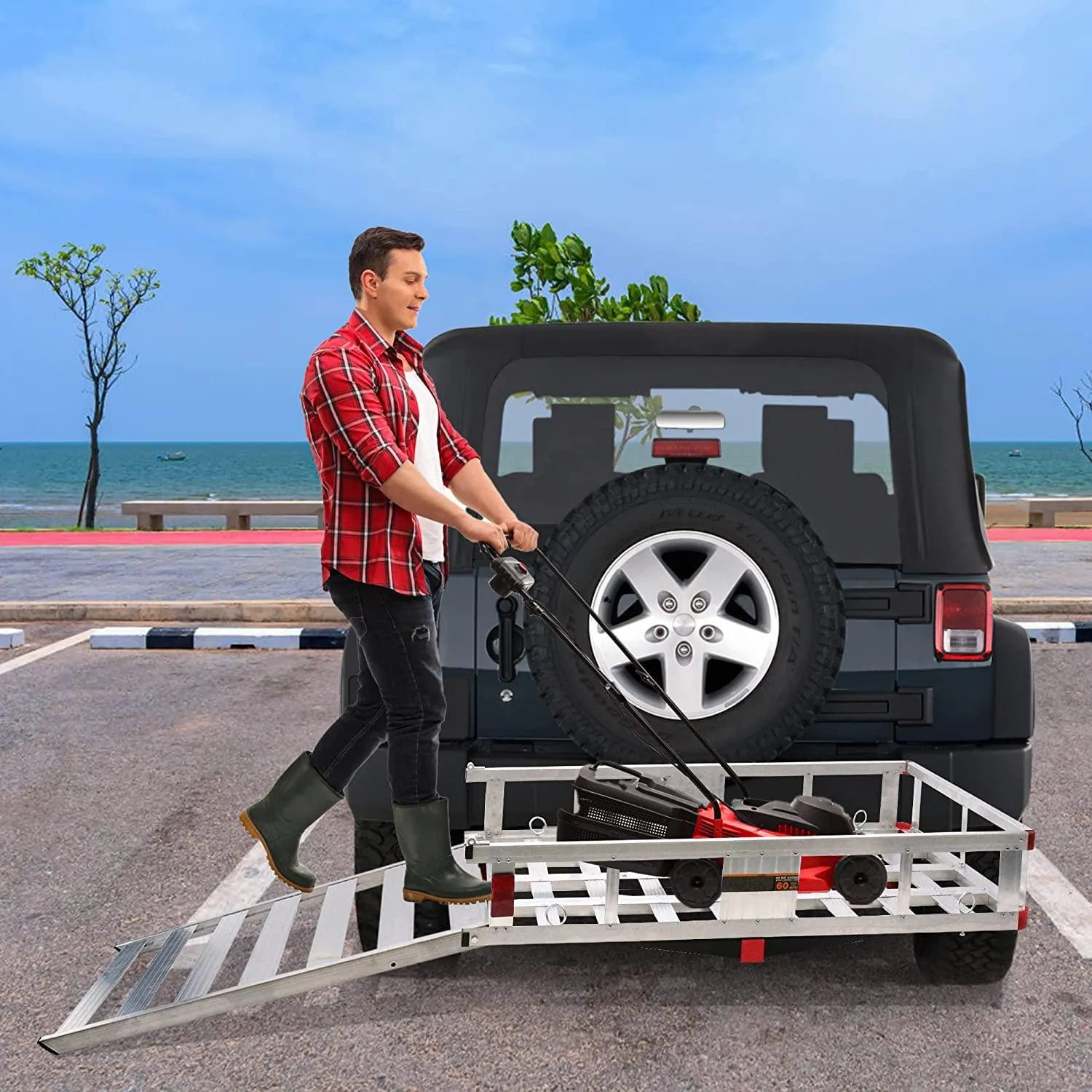 50" L x 29.7" W x 9" H Trailer Hitch Cargo Carrier Utility Basket with 41.5" Folding Wheelchair Ramp