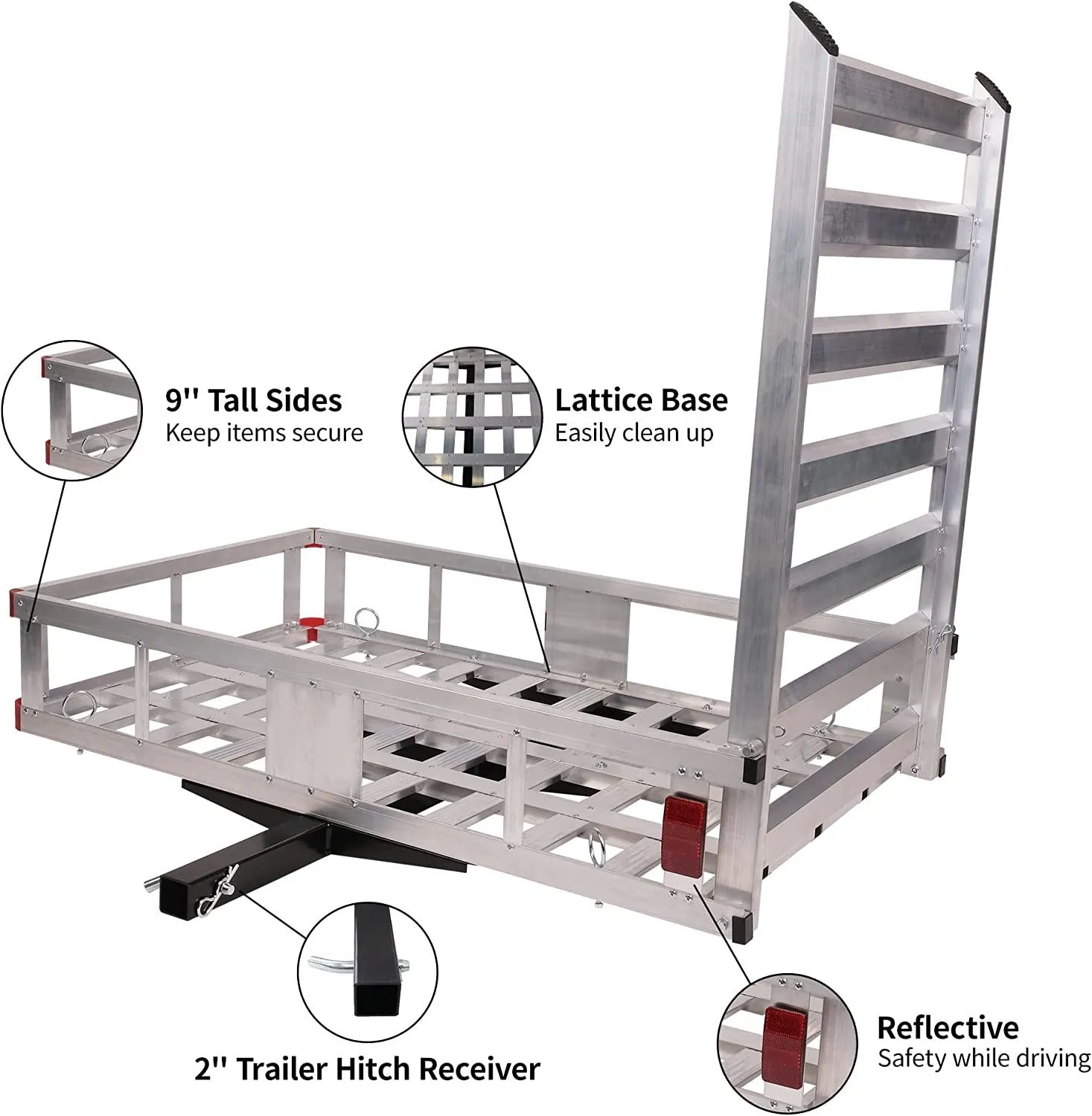 50" L x 29.7" W x 9" H Trailer Hitch Cargo Carrier Utility Basket with 41.5" Folding Wheelchair Ramp