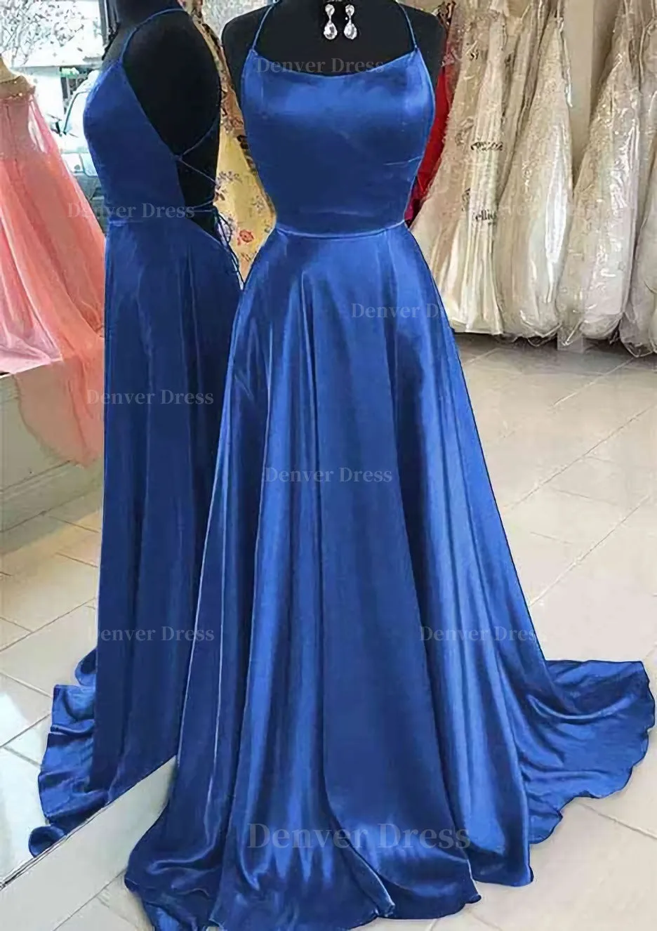 A-line Bateau Spaghetti Straps Sweep Train Charmeuse Prom Dress