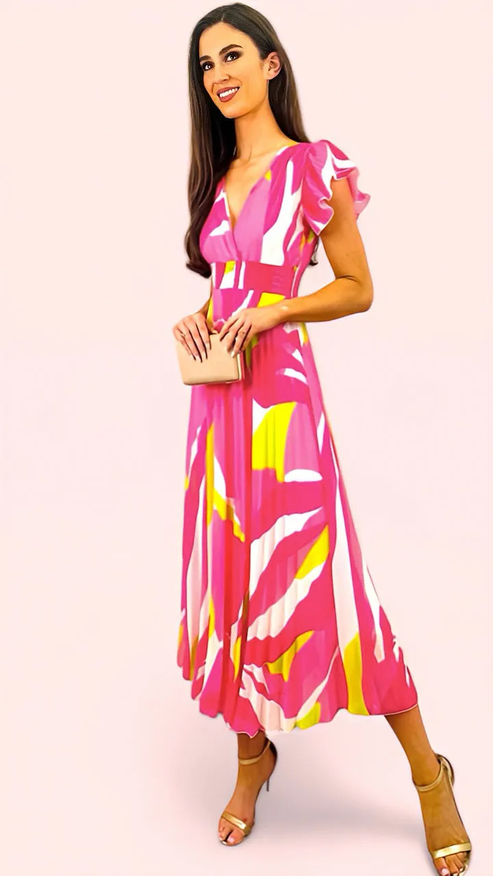 A1653 Pink Colourblock Pleat Dress