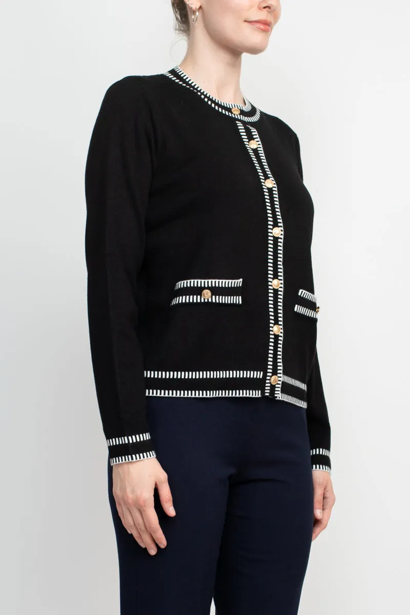 Adrianna Papell Crew Neck Button Front Closure Long Sleeve Knit Cardigan with Stitched Detail