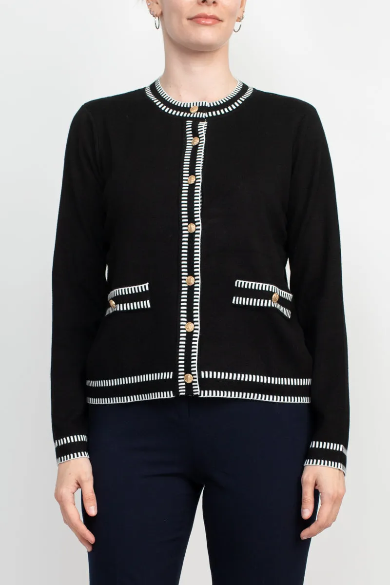 Adrianna Papell Crew Neck Button Front Closure Long Sleeve Knit Cardigan with Stitched Detail