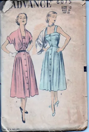 Advance 6075 Ladies Front Buttoned Sun Dress Bolero Jacket Vintage 1950's Sewing Pattern