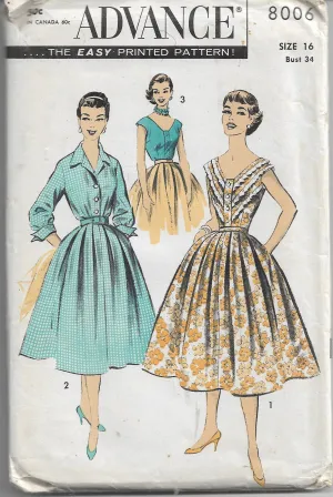 Advance 8006 Ladies Sleeveless Blouse Full Skirt Vintage Sewing Pattern 1950s