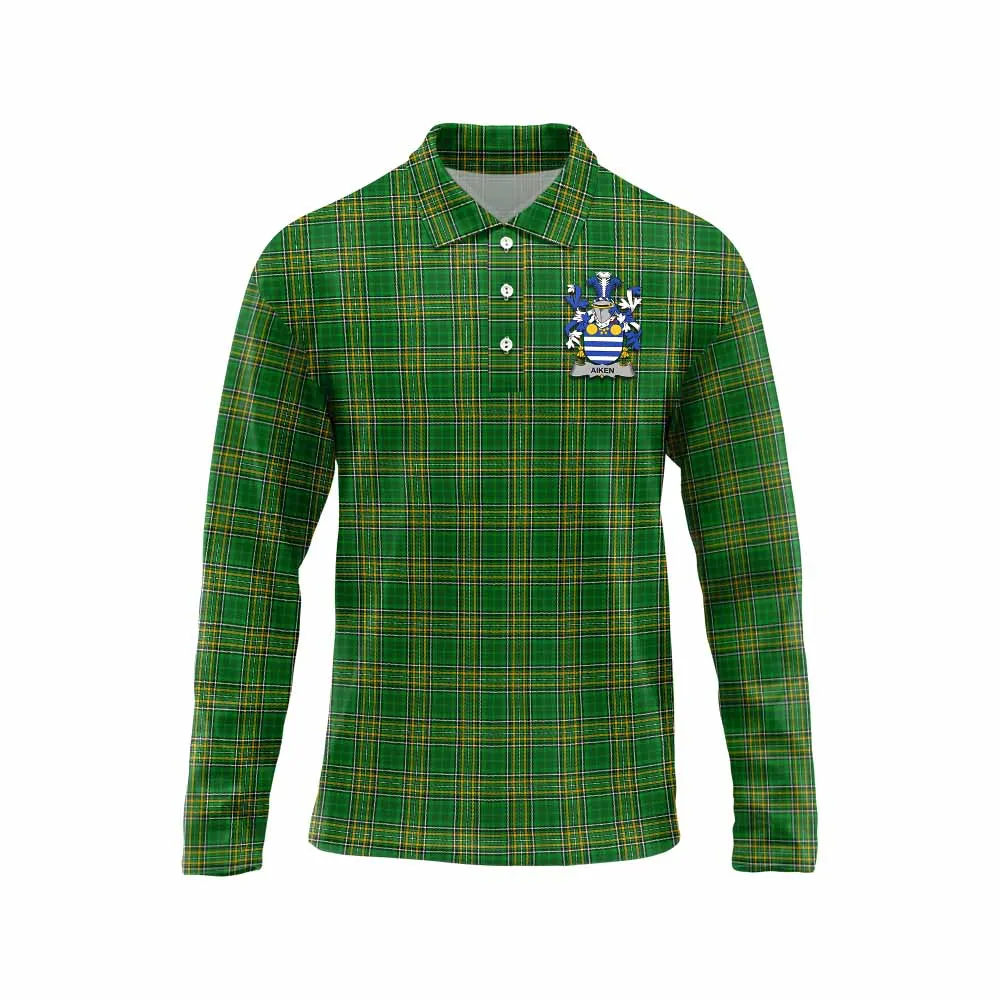 Aiken Irish Clan Tartan Long Sleeve Polo Shirt with Coat of Arms