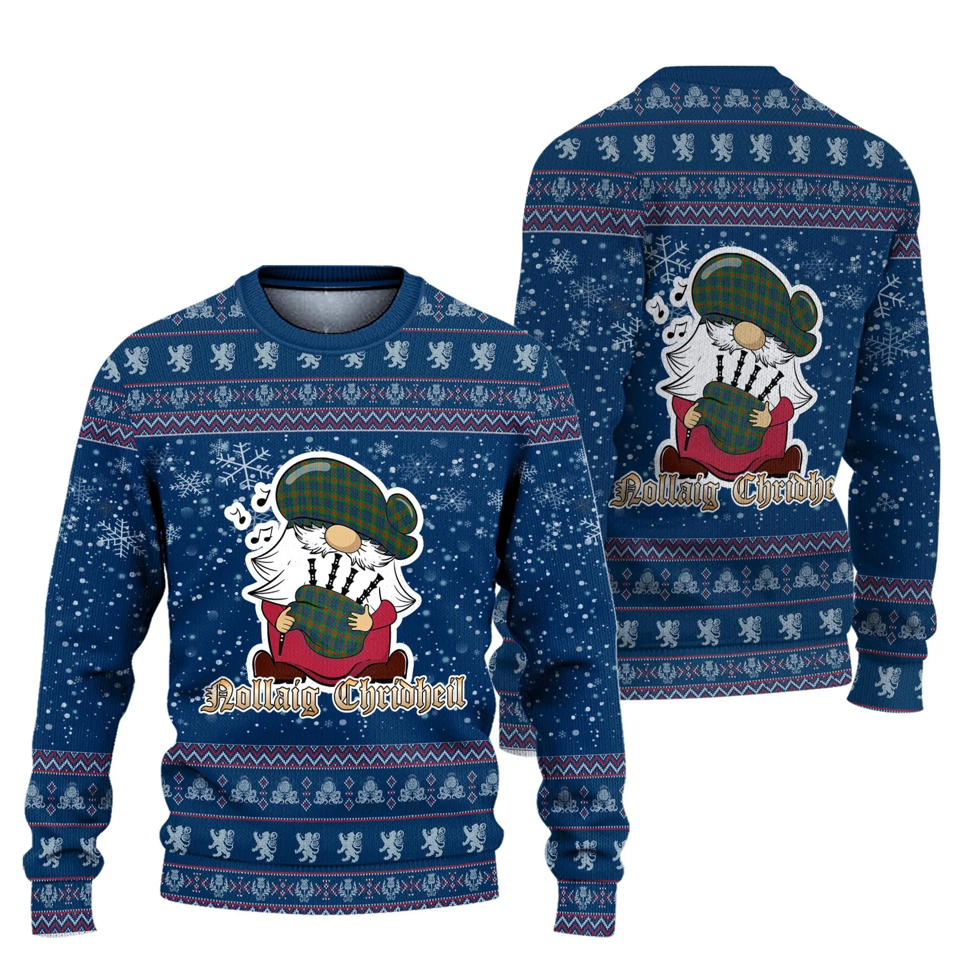 Aiton Clan Christmas Family Ugly Sweater with Funny Gnome Playing Bagpipes