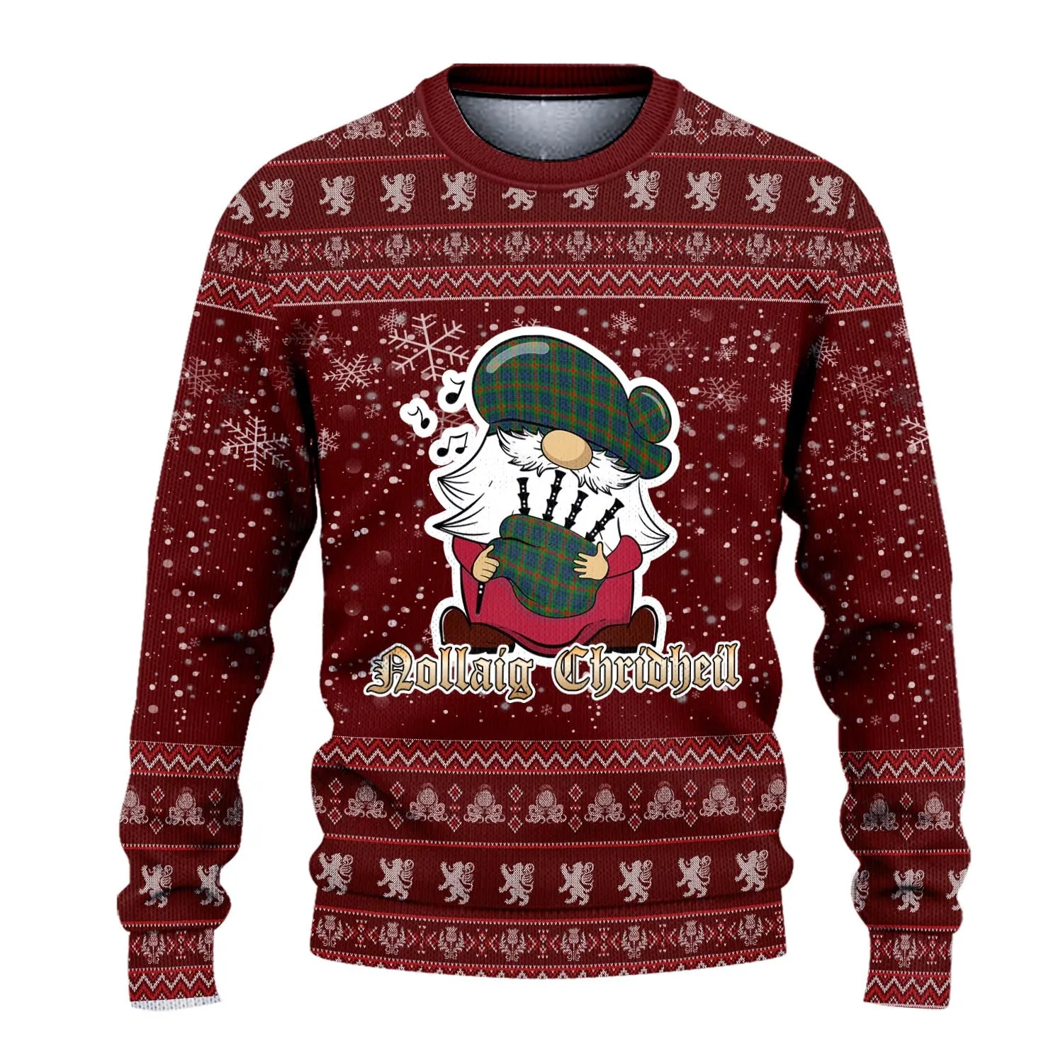 Aiton Clan Christmas Family Ugly Sweater with Funny Gnome Playing Bagpipes