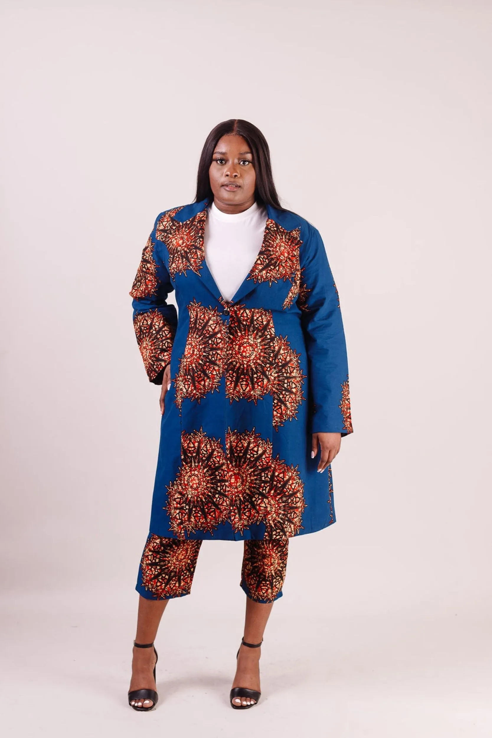 ALERA African Print Long Blazer (Blue with Orange Pattern)