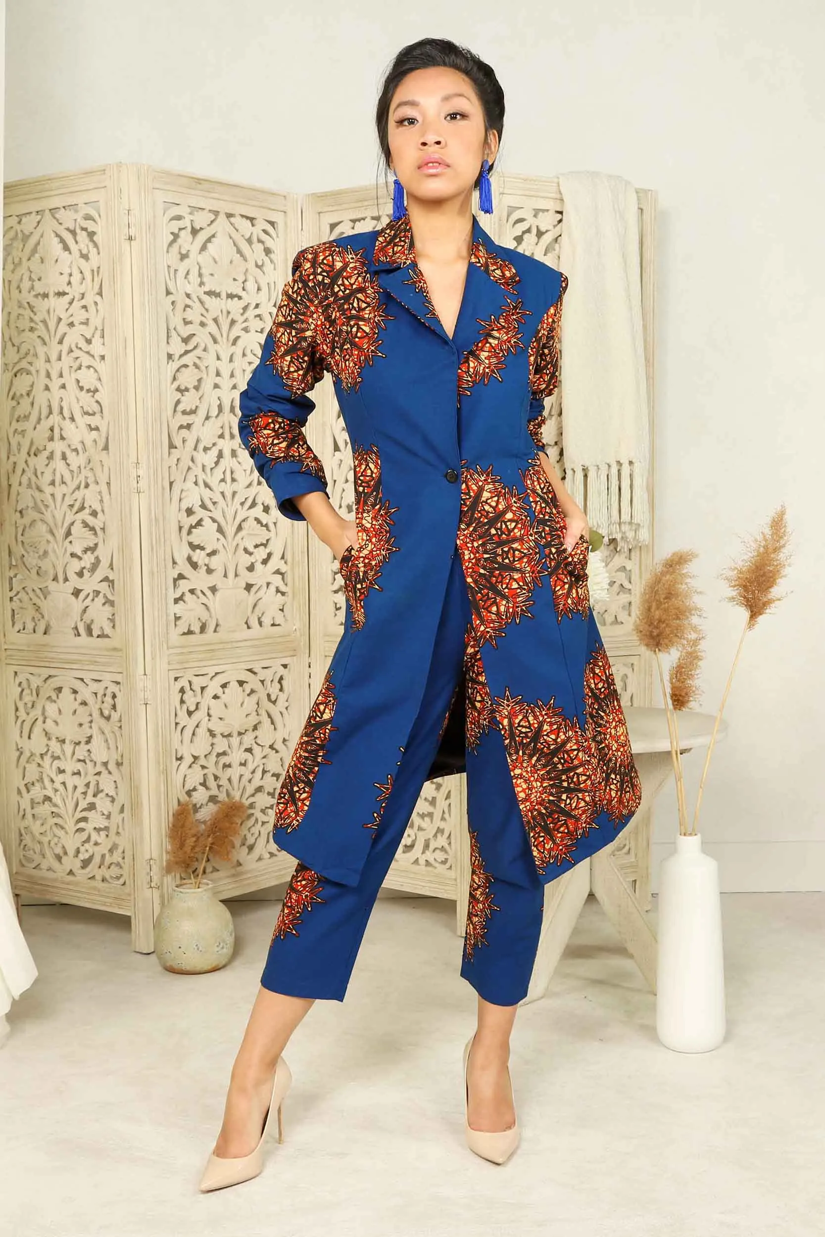 ALERA African Print Long Blazer (Blue with Orange Pattern)