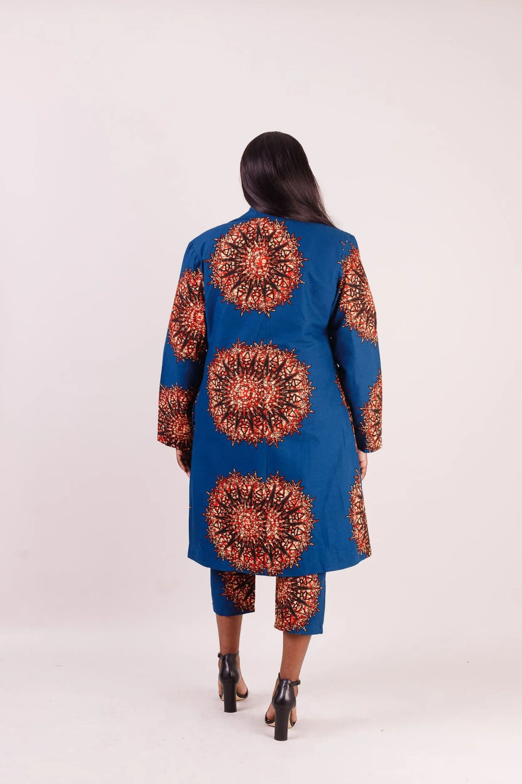 ALERA African Print Long Blazer (Blue with Orange Pattern)