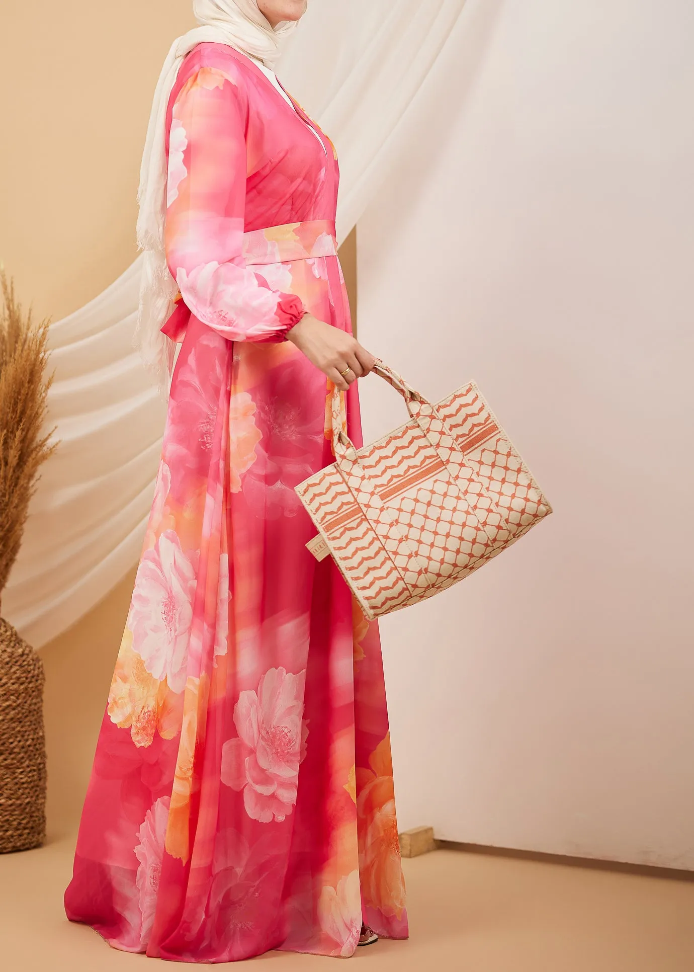 Amani Radiant Blossom Chiffon Maxi Dress with Flared Sleeves