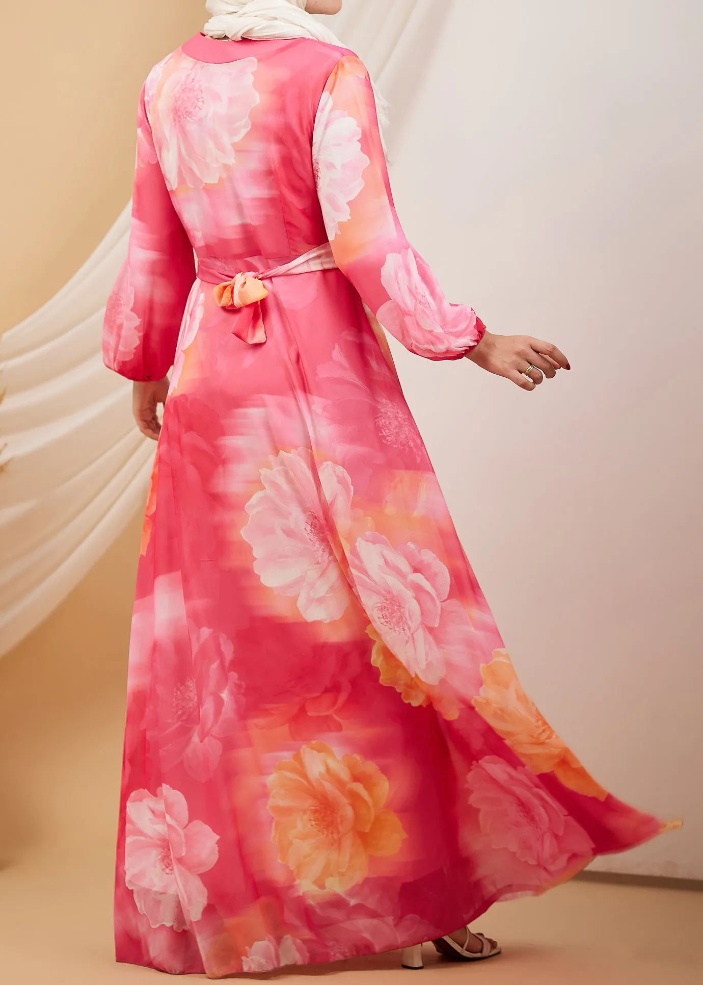 Amani Radiant Blossom Chiffon Maxi Dress with Flared Sleeves