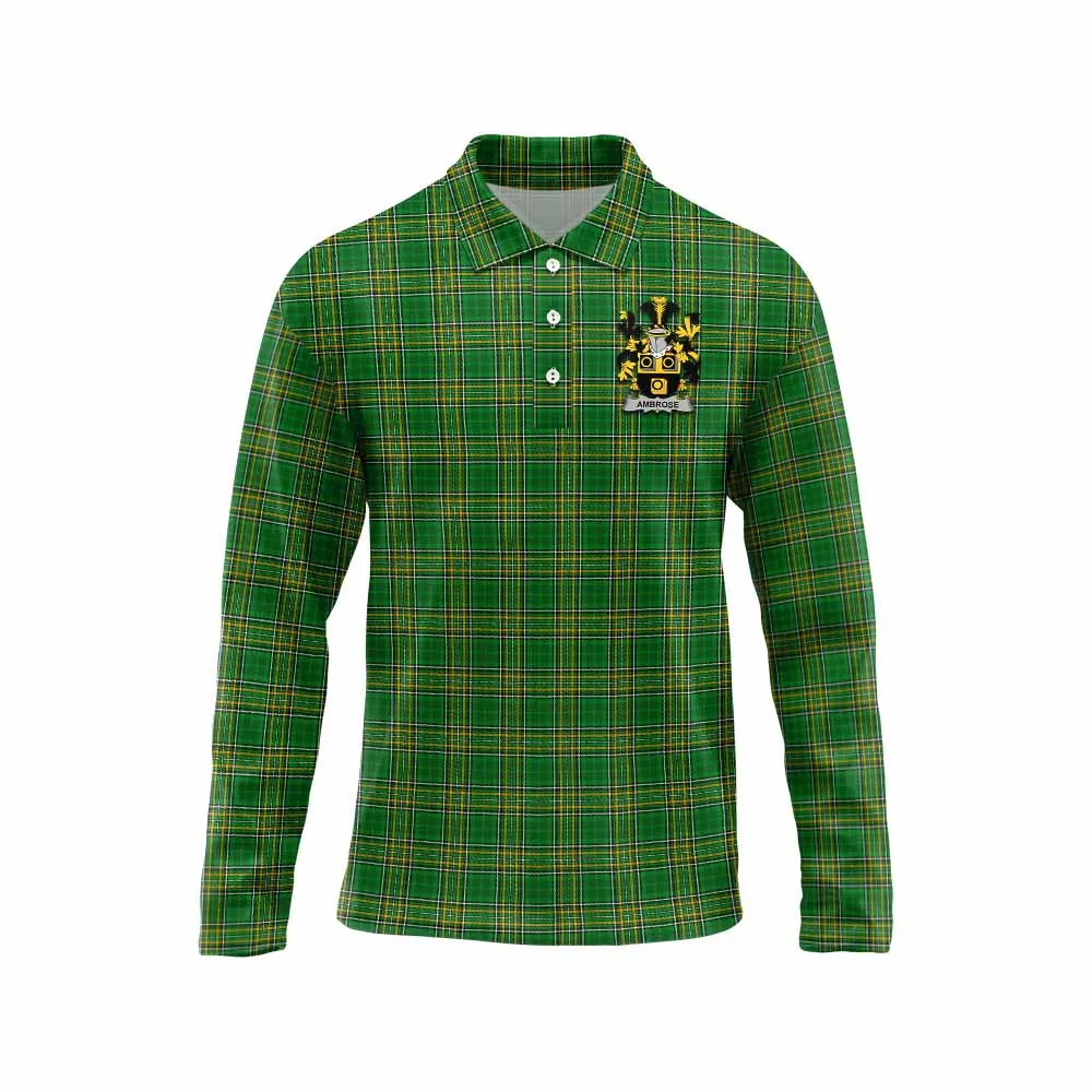 Ambrose Irish Clan Tartan Long Sleeve Polo Shirt with Coat of Arms