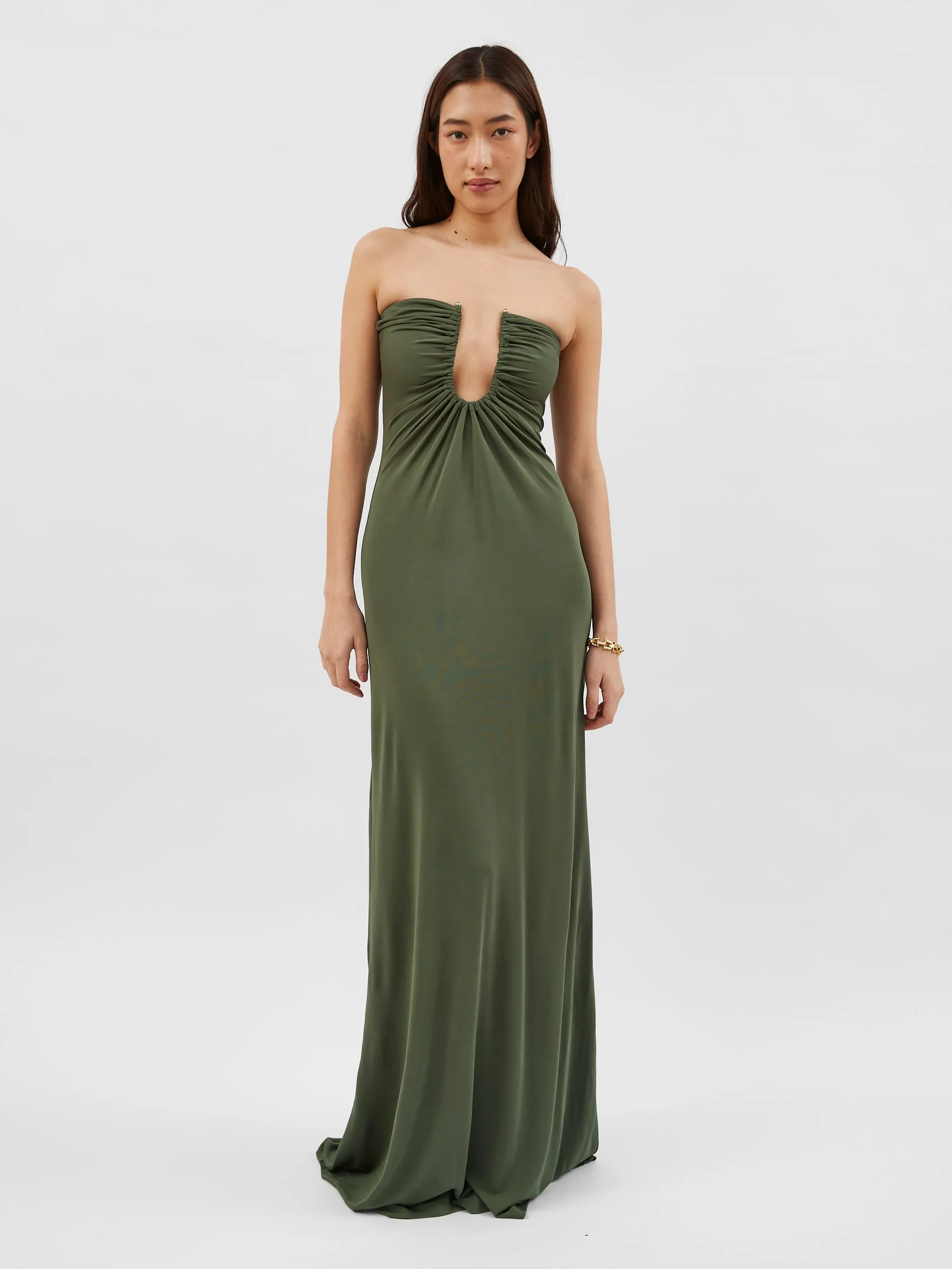 Arced Palm Strapless Dress