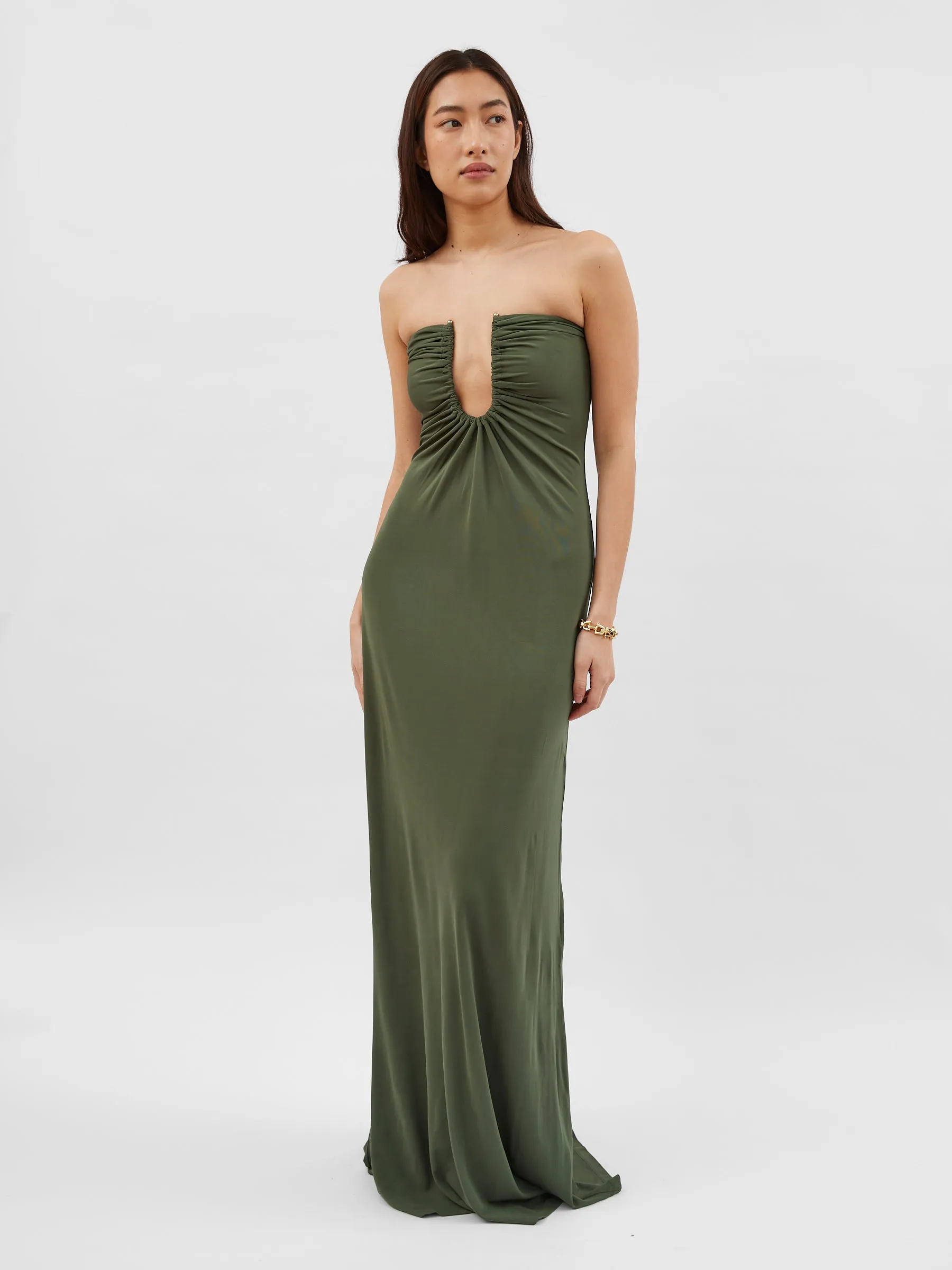 Arced Palm Strapless Dress