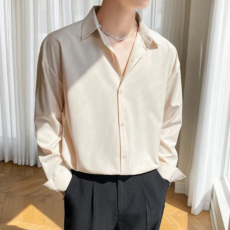 Autumn Men's Long Sleeve Shirts Fashion Korean Baggy No-iron Business Casual Elasticity Lapel Collar Shirt  White Light Blue