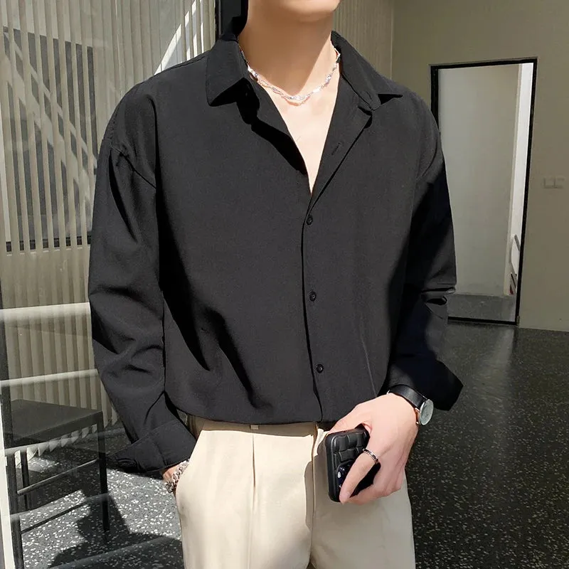 Autumn Men's Long Sleeve Shirts Fashion Korean Baggy No-iron Business Casual Elasticity Lapel Collar Shirt  White Light Blue