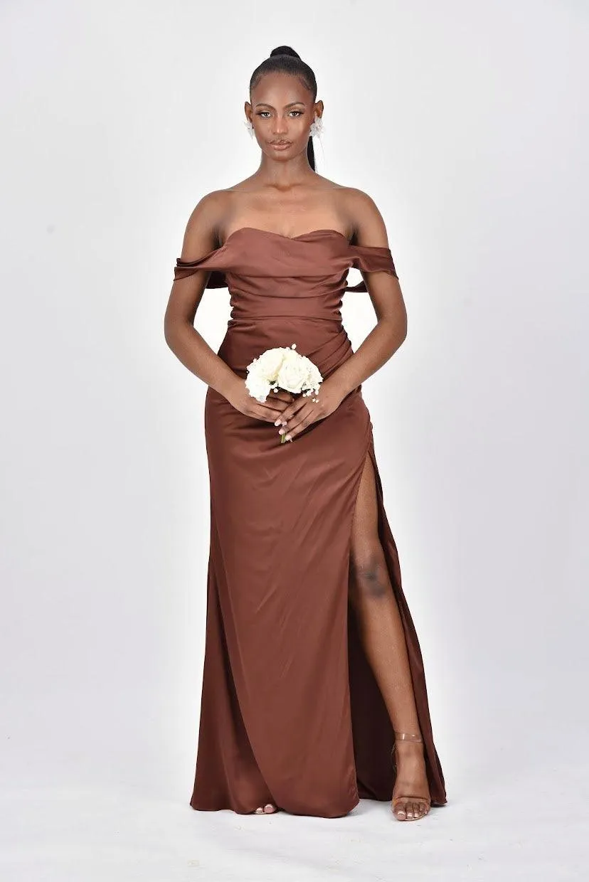 AVERY Satin Off Shoulder Cowl Neck Bridesmaids Maxi Dress with Side Split - Chocolate Brown