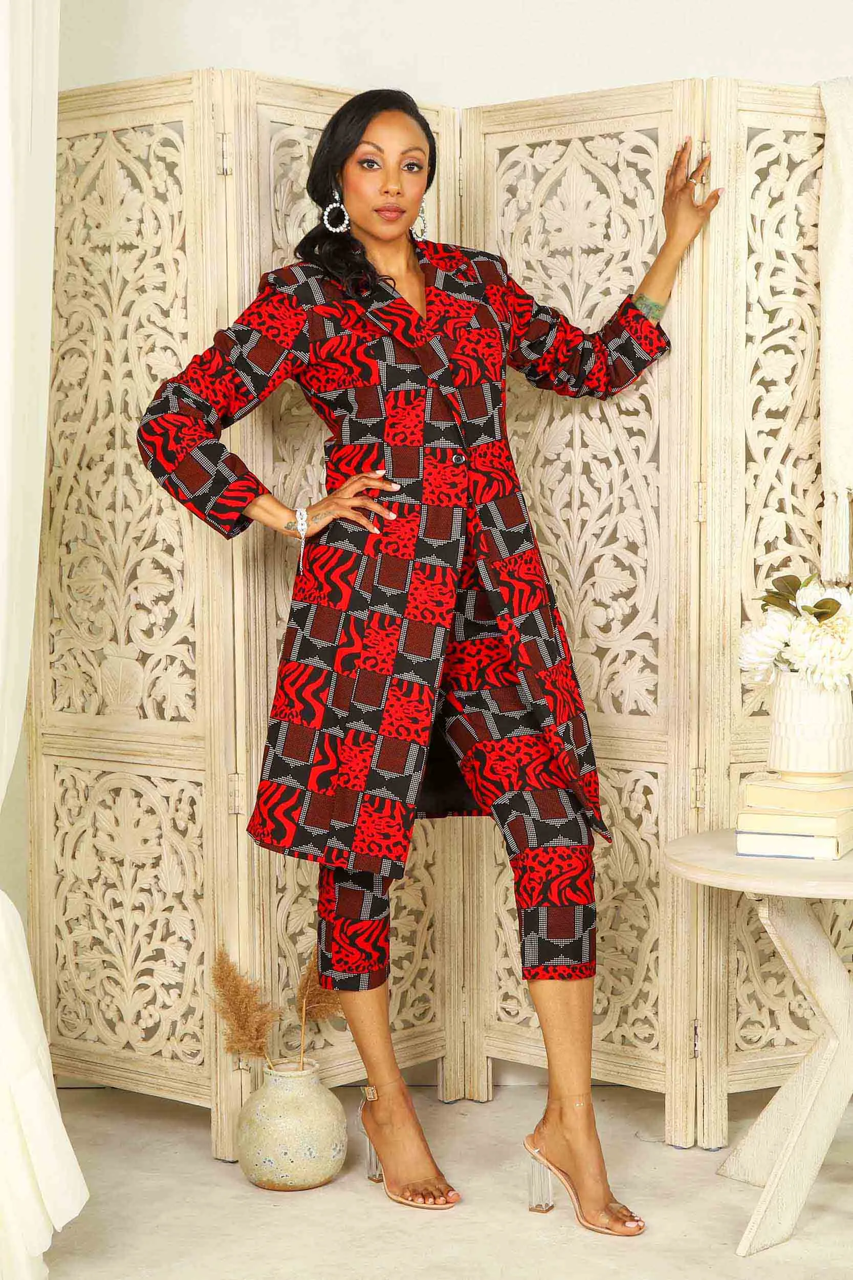 AYAJE African Print Long Blazer (Red/Black/Gray Pattern)