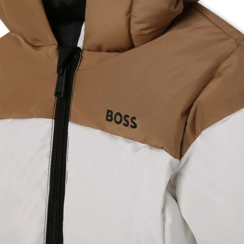 Baby Boys Camel & Black Stripe Puffer Coat