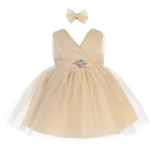 Baby Girls Gold Glitter Tulle V-Neck Rhinestone Brooch Flower Girl Dress 6-24M