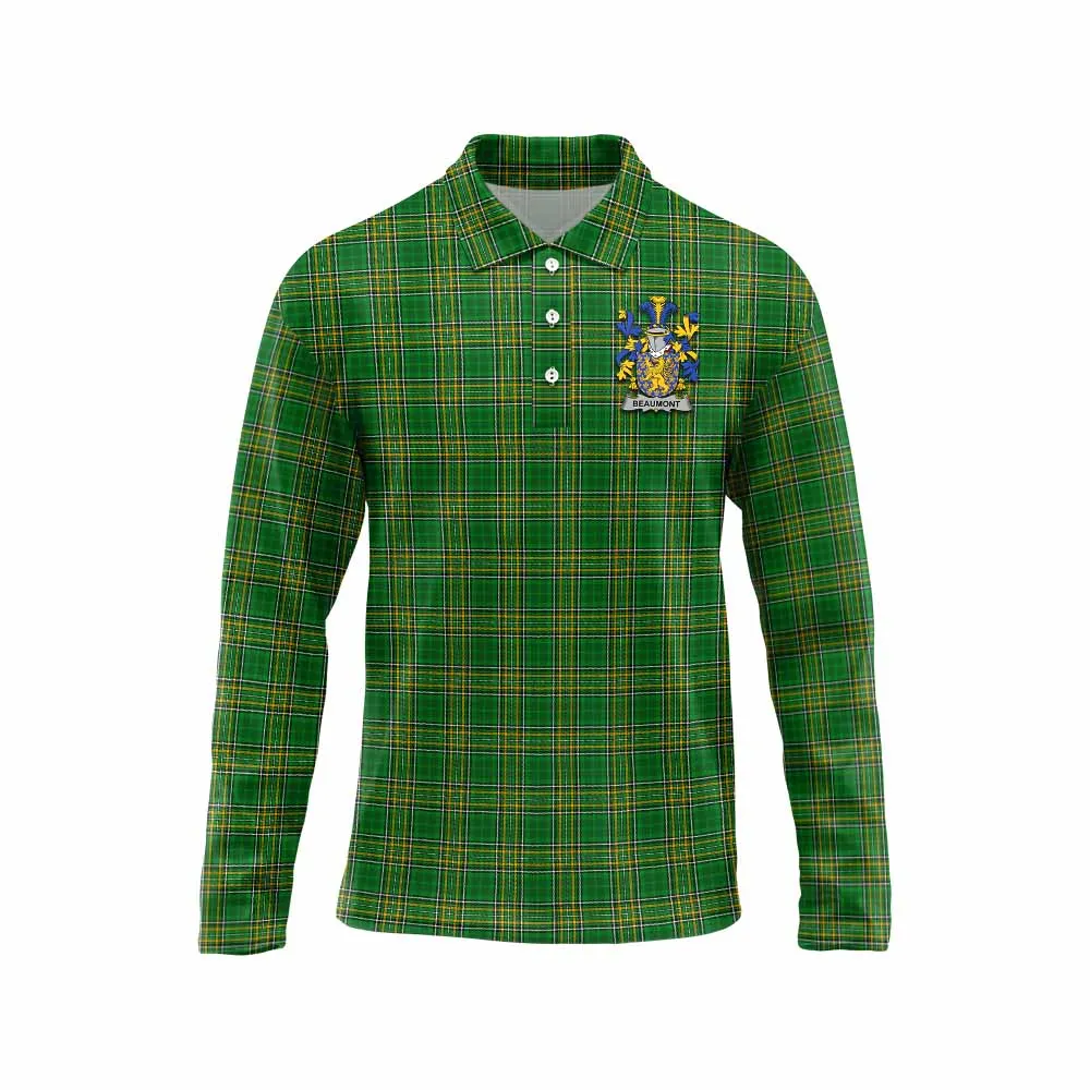 Beaumont Irish Clan Tartan Long Sleeve Polo Shirt with Coat of Arms