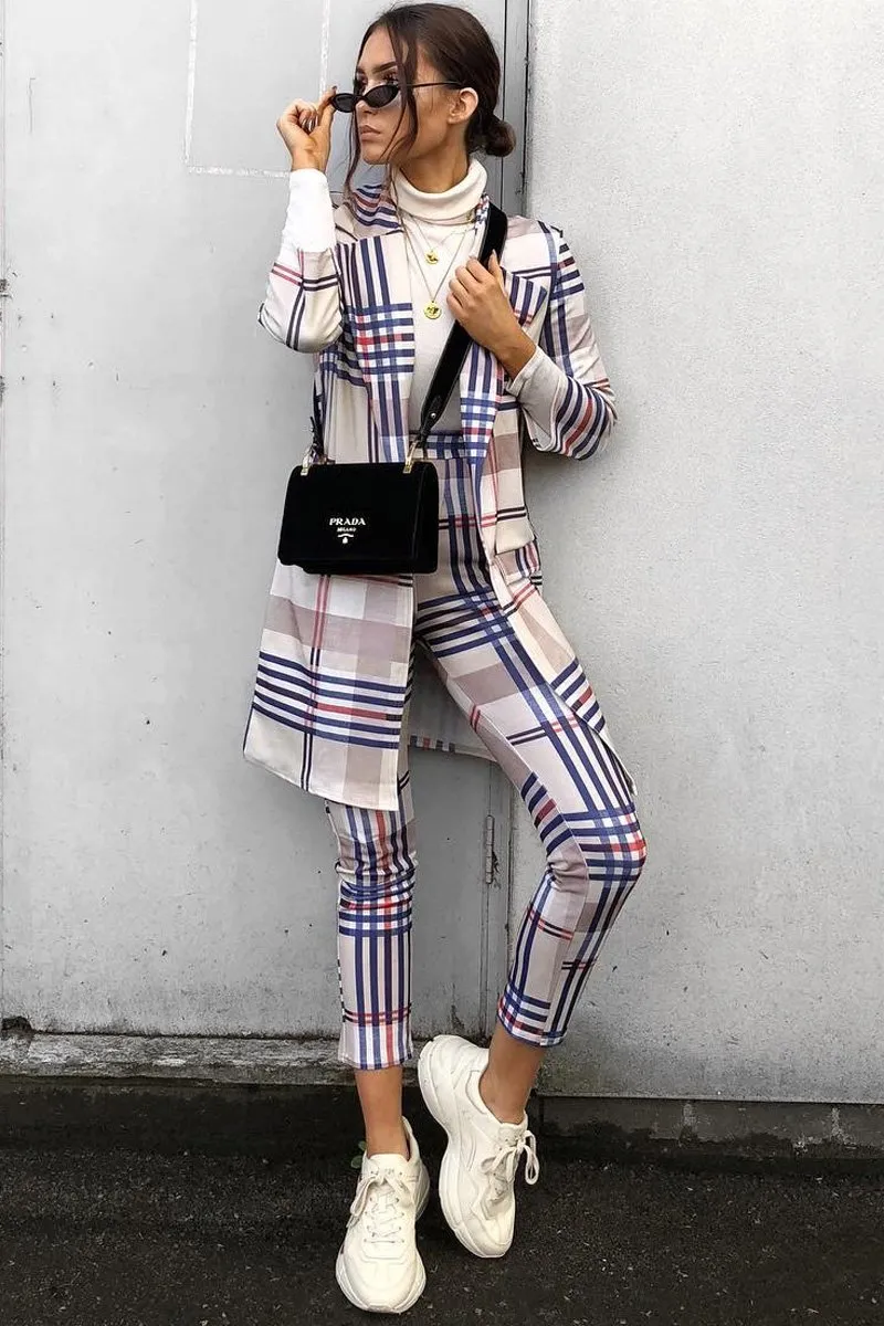 Beige Check Long Line Blazer - Trudey