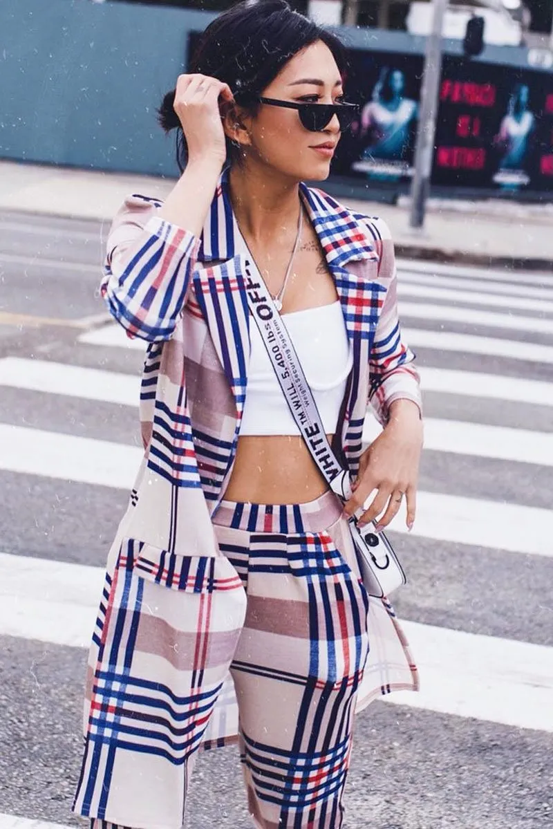 Beige Check Long Line Blazer - Trudey