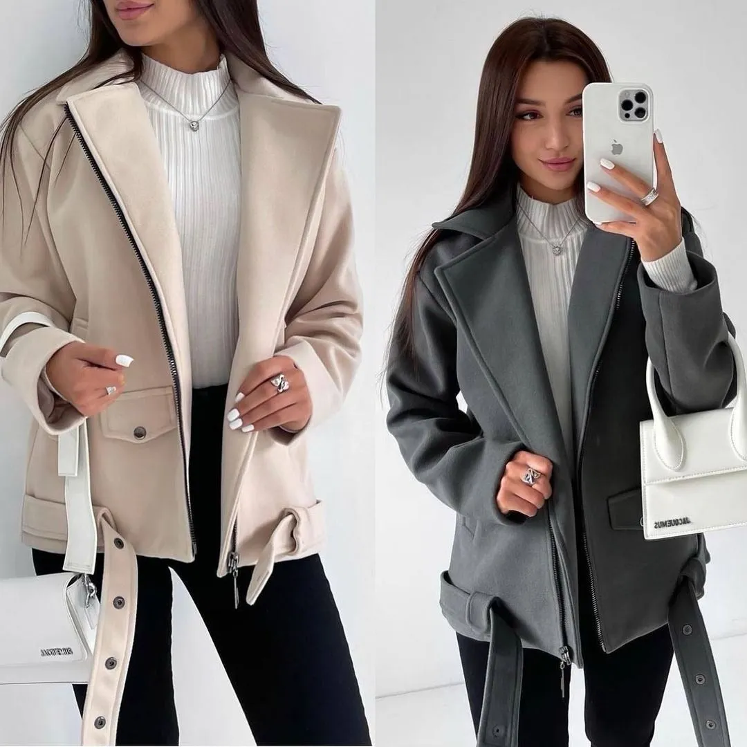 Belt Lapel Long-sleeved Woolen Coat